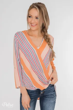 Outstanding Appearance Striped Wrap Top- Peach