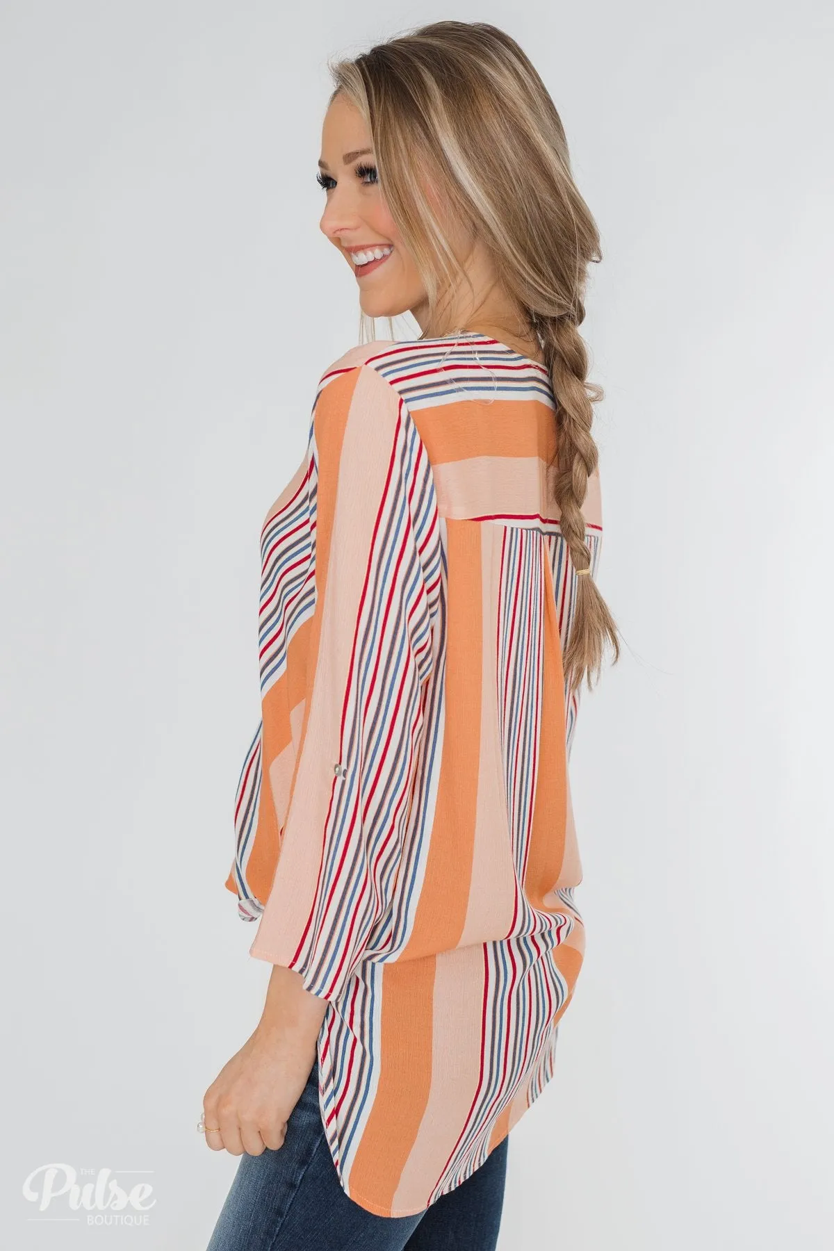 Outstanding Appearance Striped Wrap Top- Peach