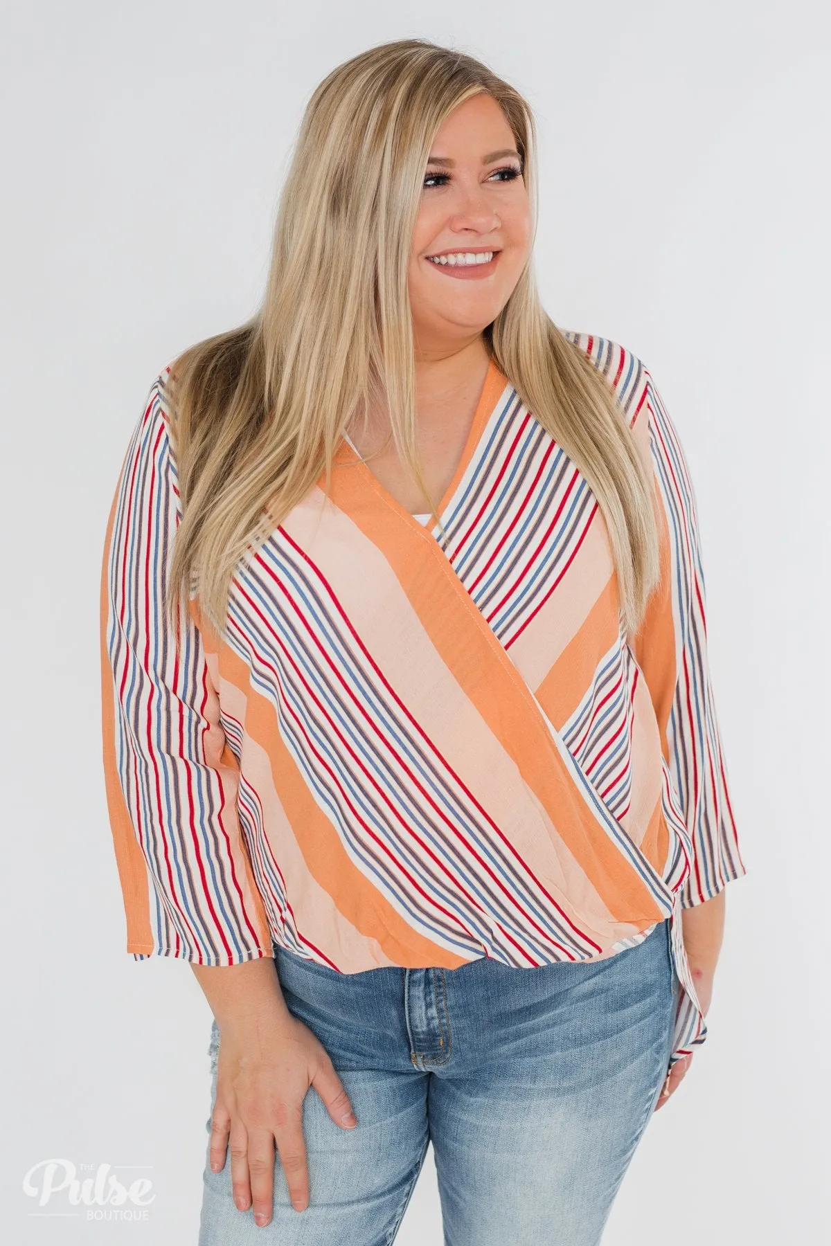 Outstanding Appearance Striped Wrap Top- Peach