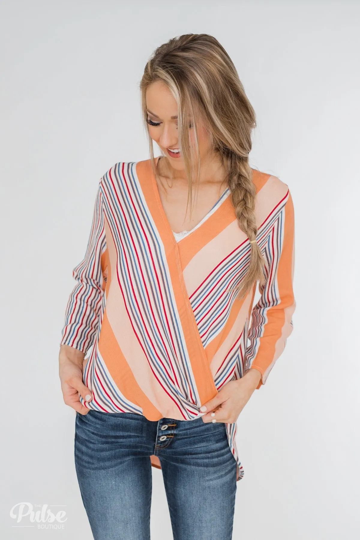 Outstanding Appearance Striped Wrap Top- Peach