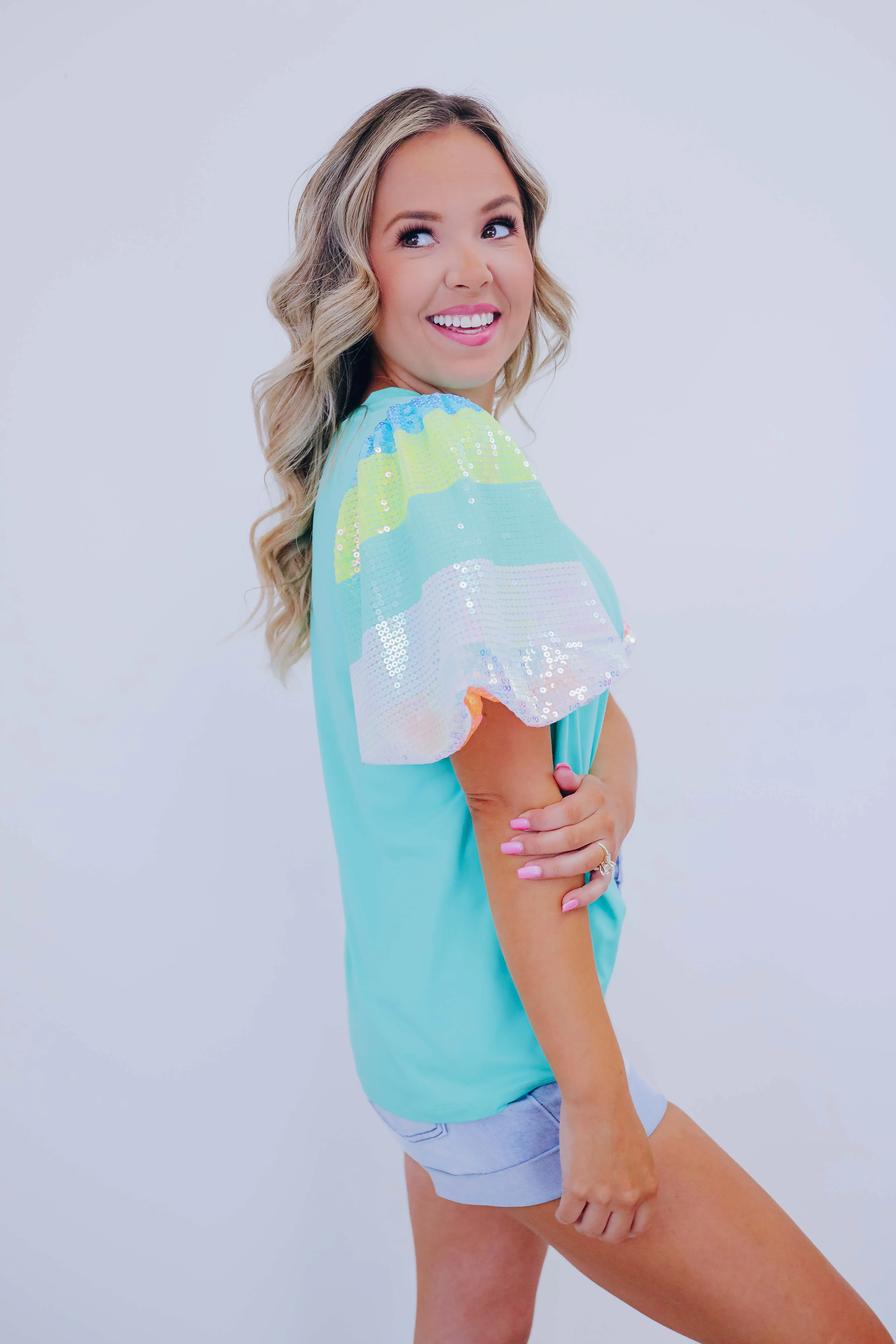 Over The Rainbow Sequin Sleeve Top - 2 Colors