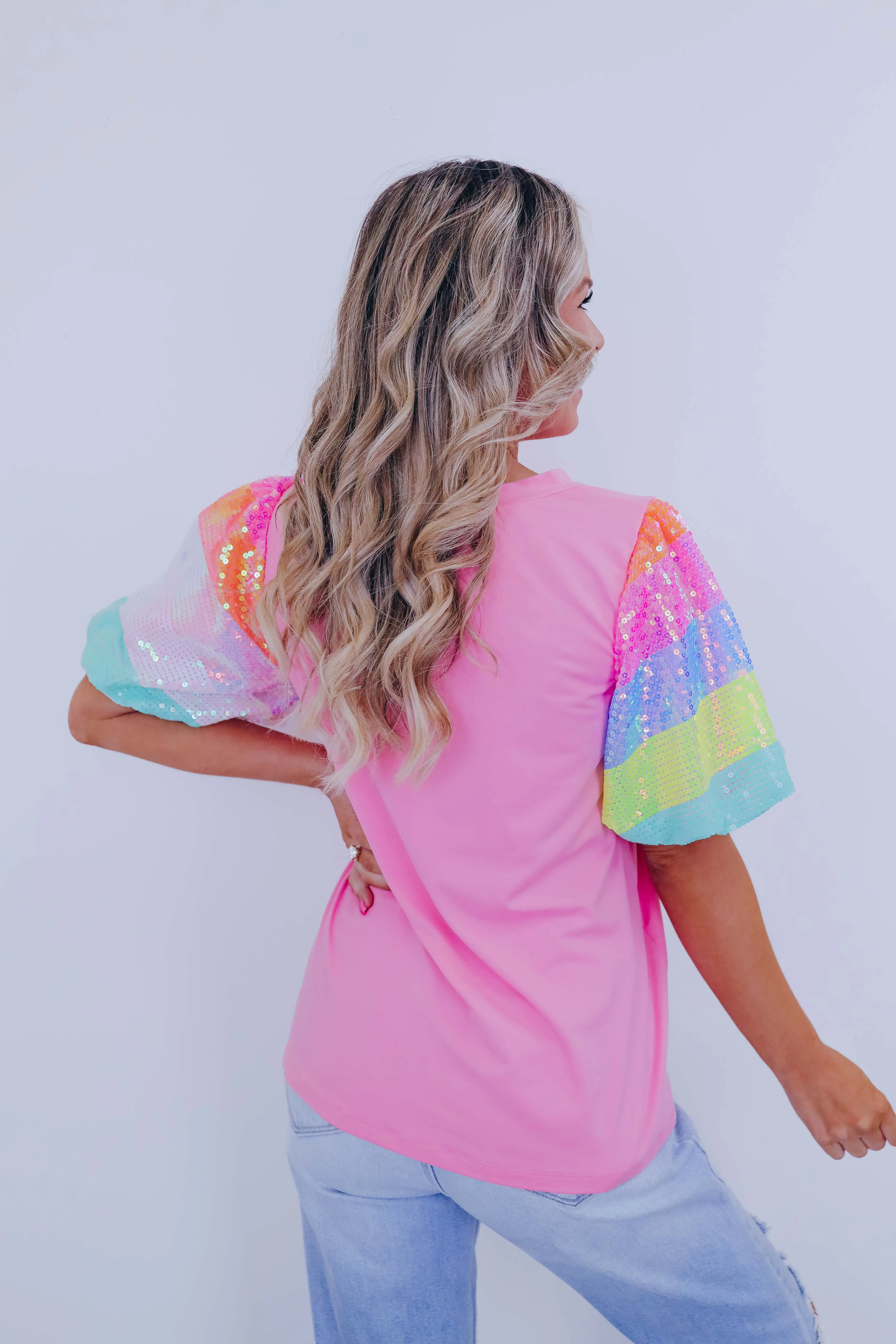 Over The Rainbow Sequin Sleeve Top - 2 Colors