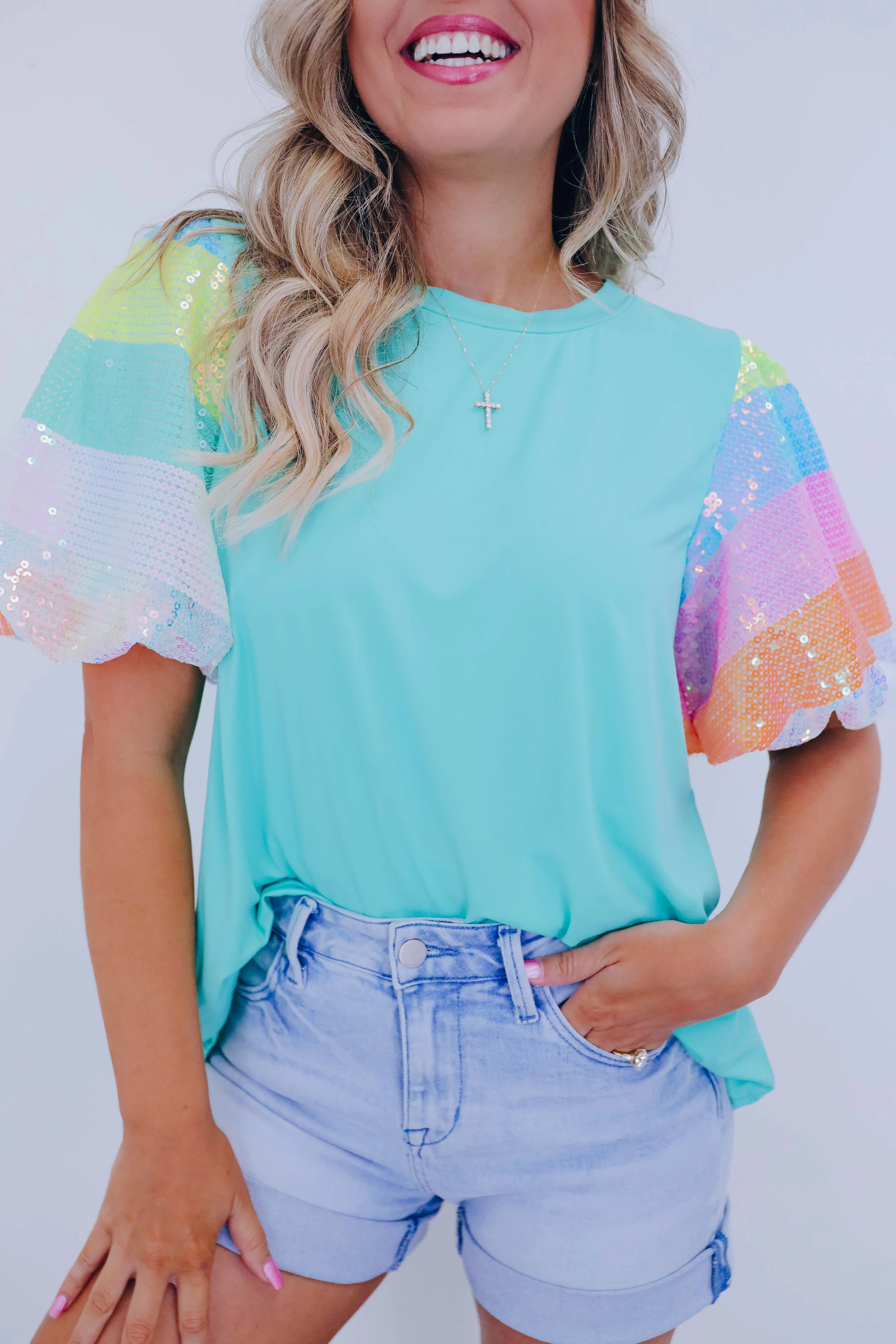 Over The Rainbow Sequin Sleeve Top - 2 Colors