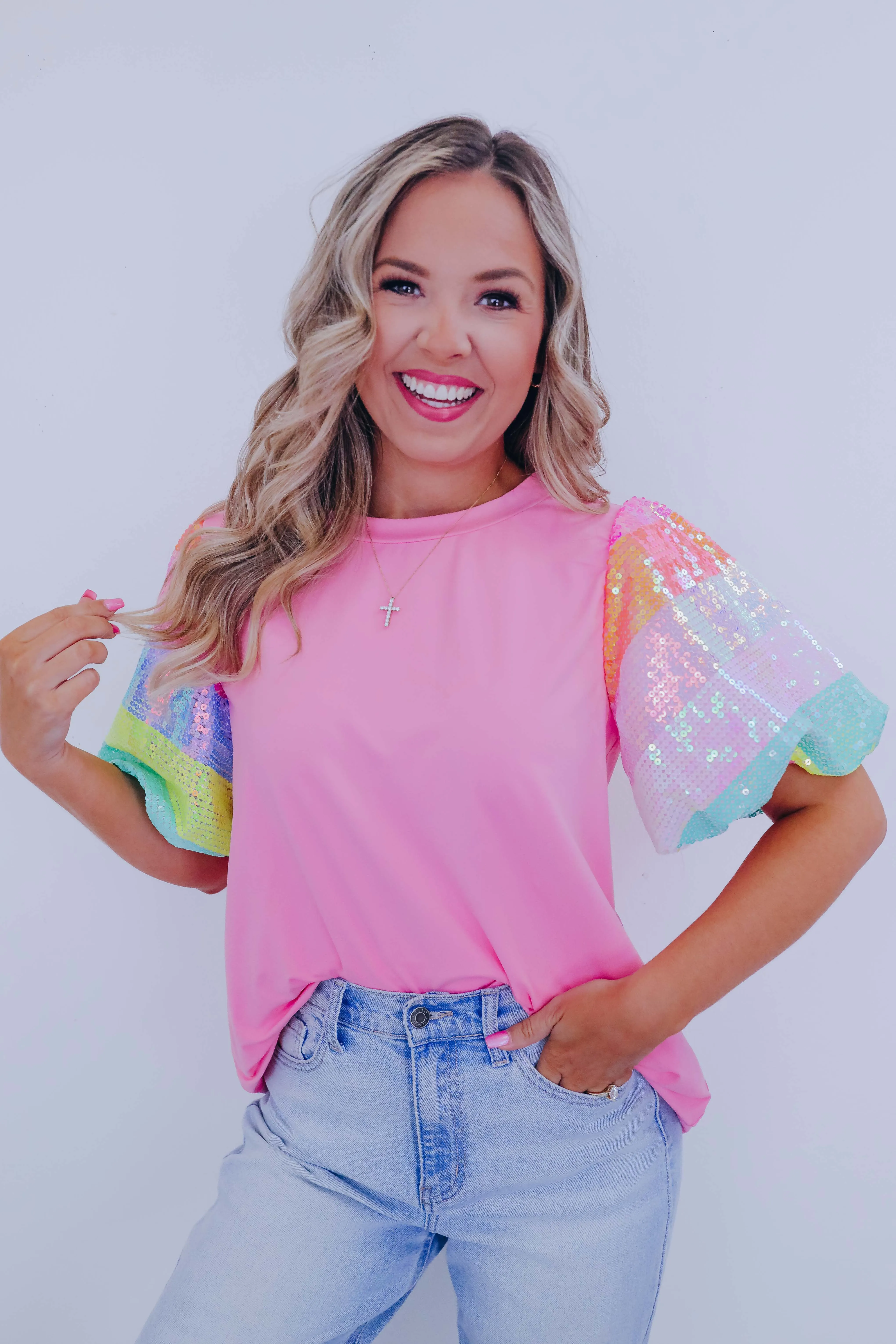 Over The Rainbow Sequin Sleeve Top - 2 Colors