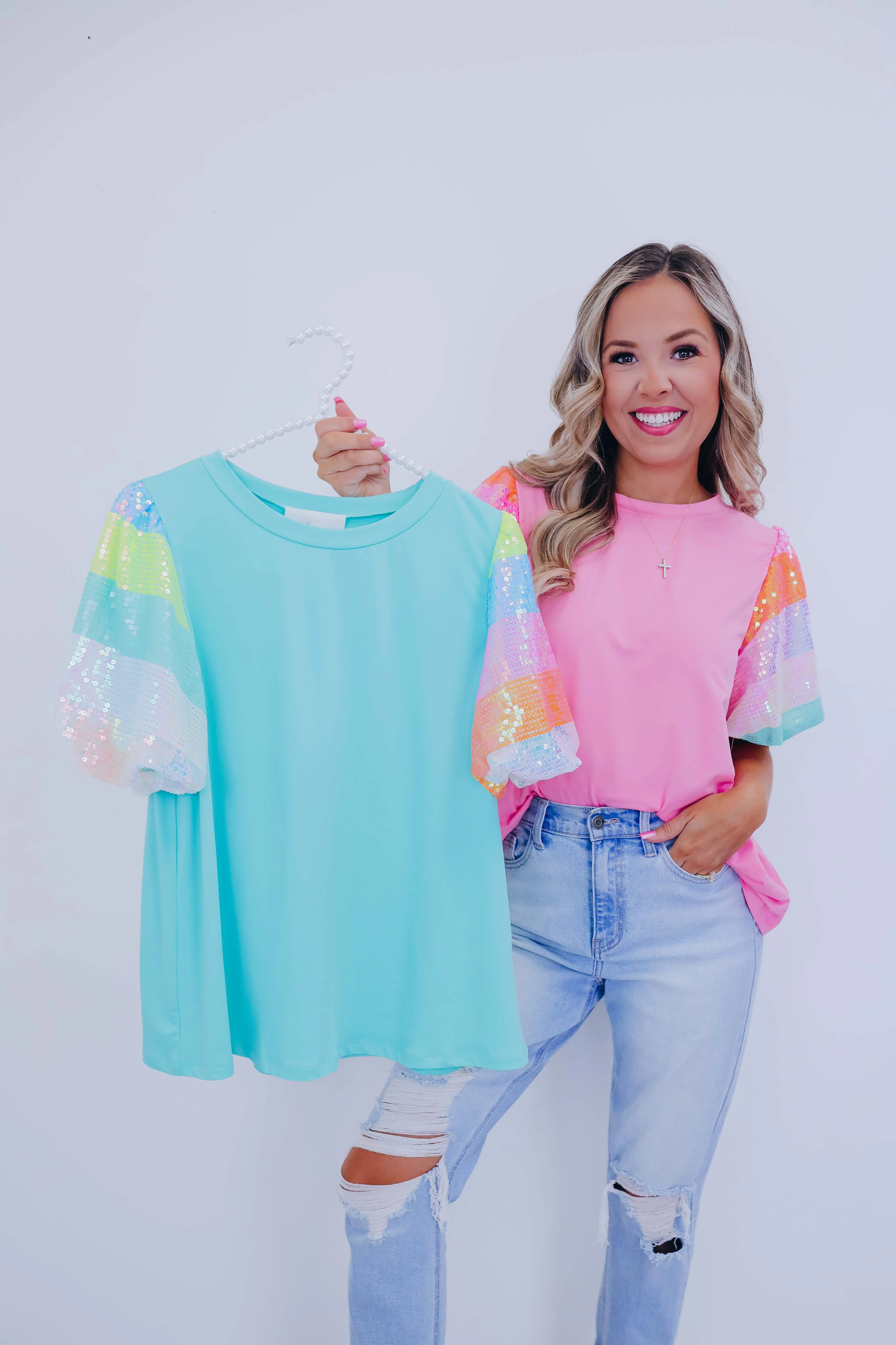 Over The Rainbow Sequin Sleeve Top - 2 Colors