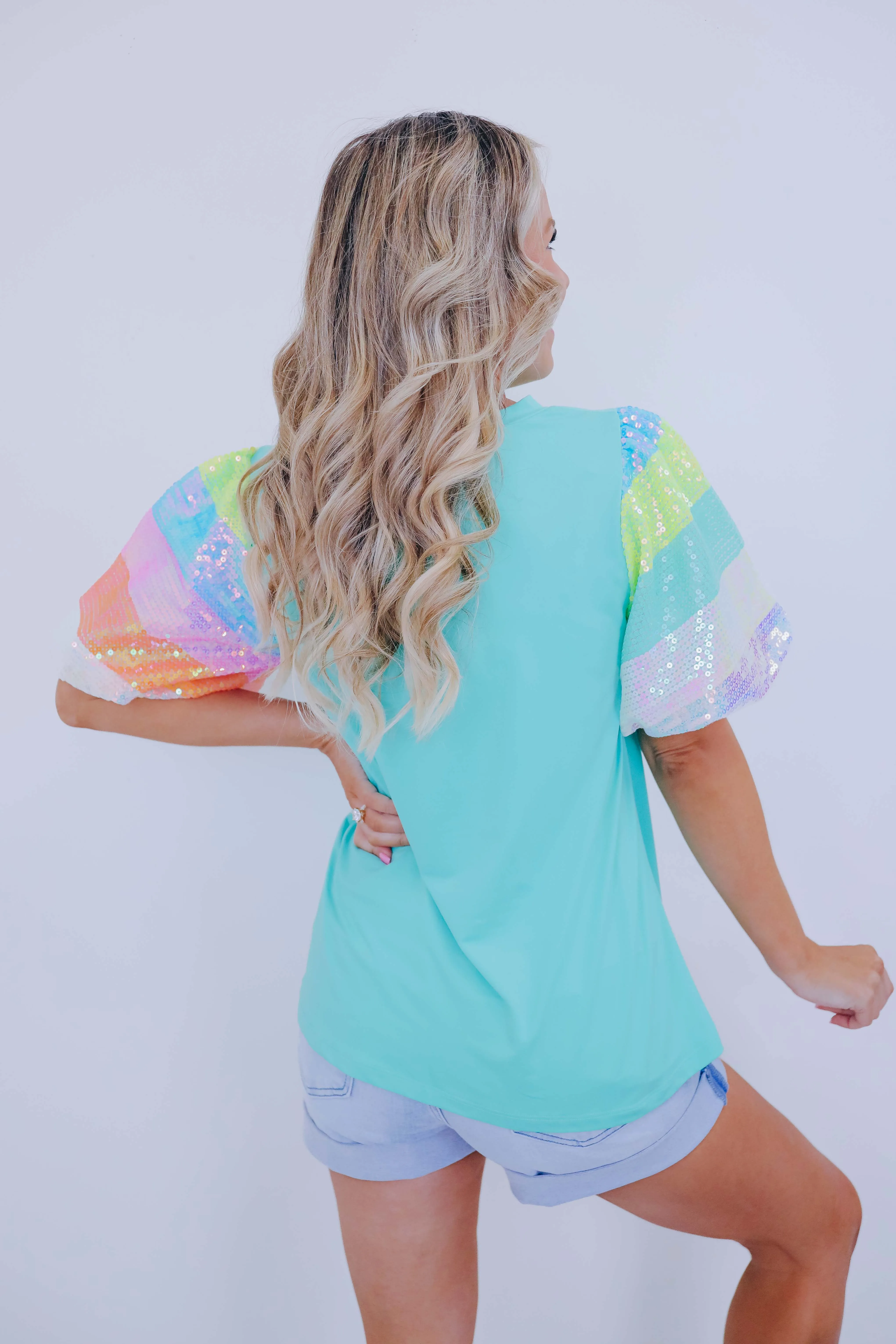 Over The Rainbow Sequin Sleeve Top - 2 Colors