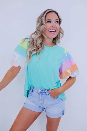 Over The Rainbow Sequin Sleeve Top - 2 Colors