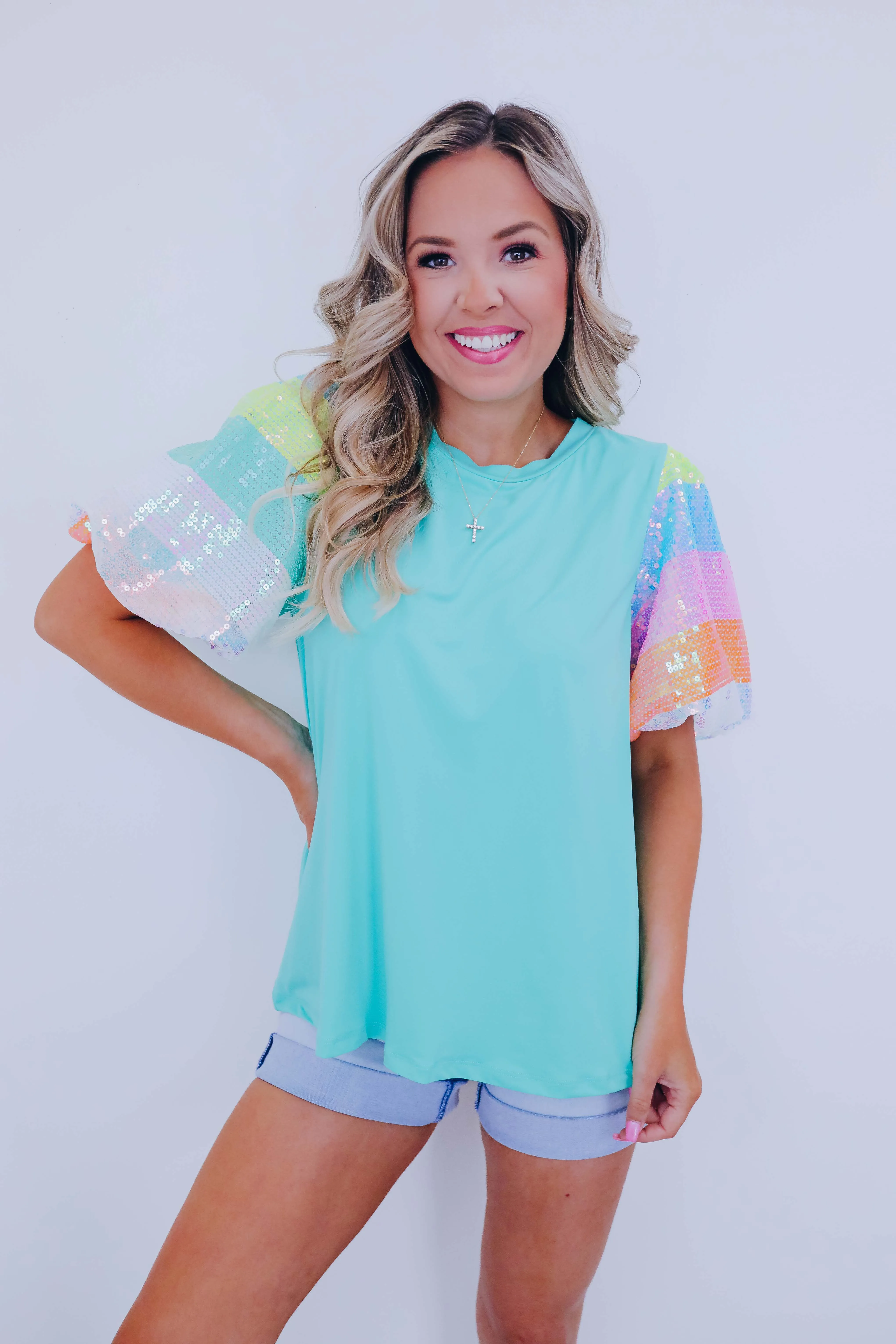 Over The Rainbow Sequin Sleeve Top - 2 Colors