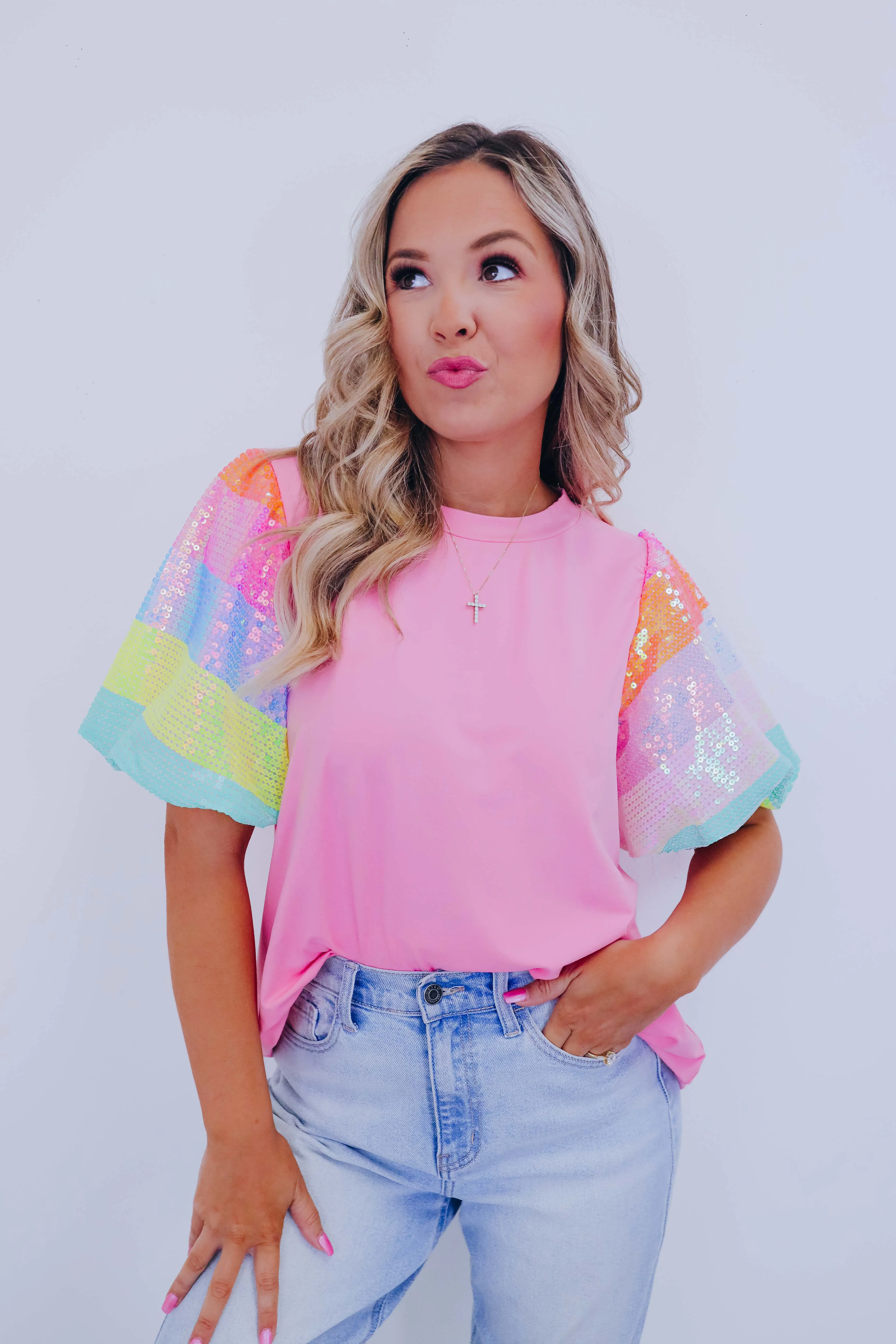 Over The Rainbow Sequin Sleeve Top - 2 Colors