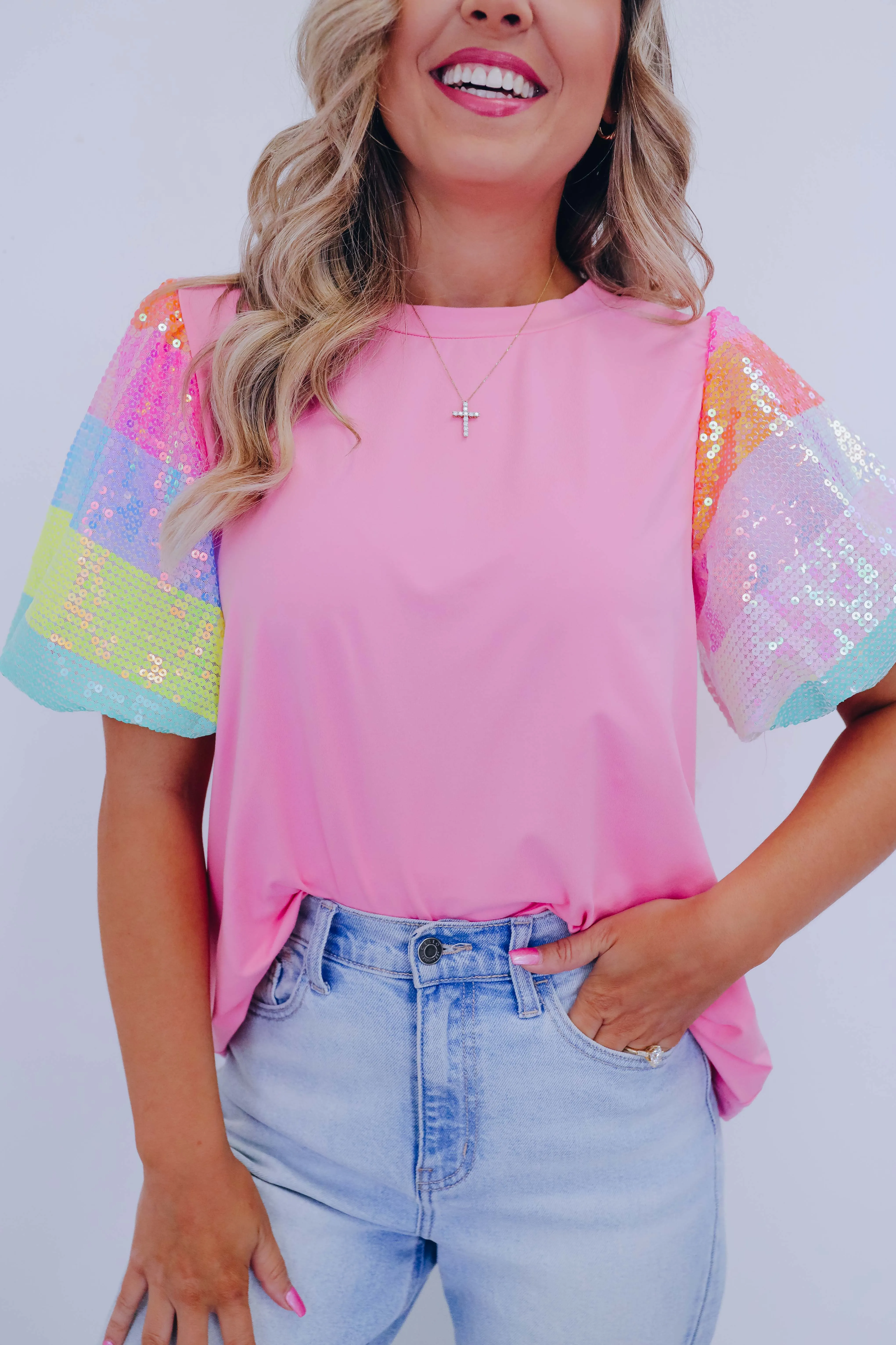Over The Rainbow Sequin Sleeve Top - 2 Colors