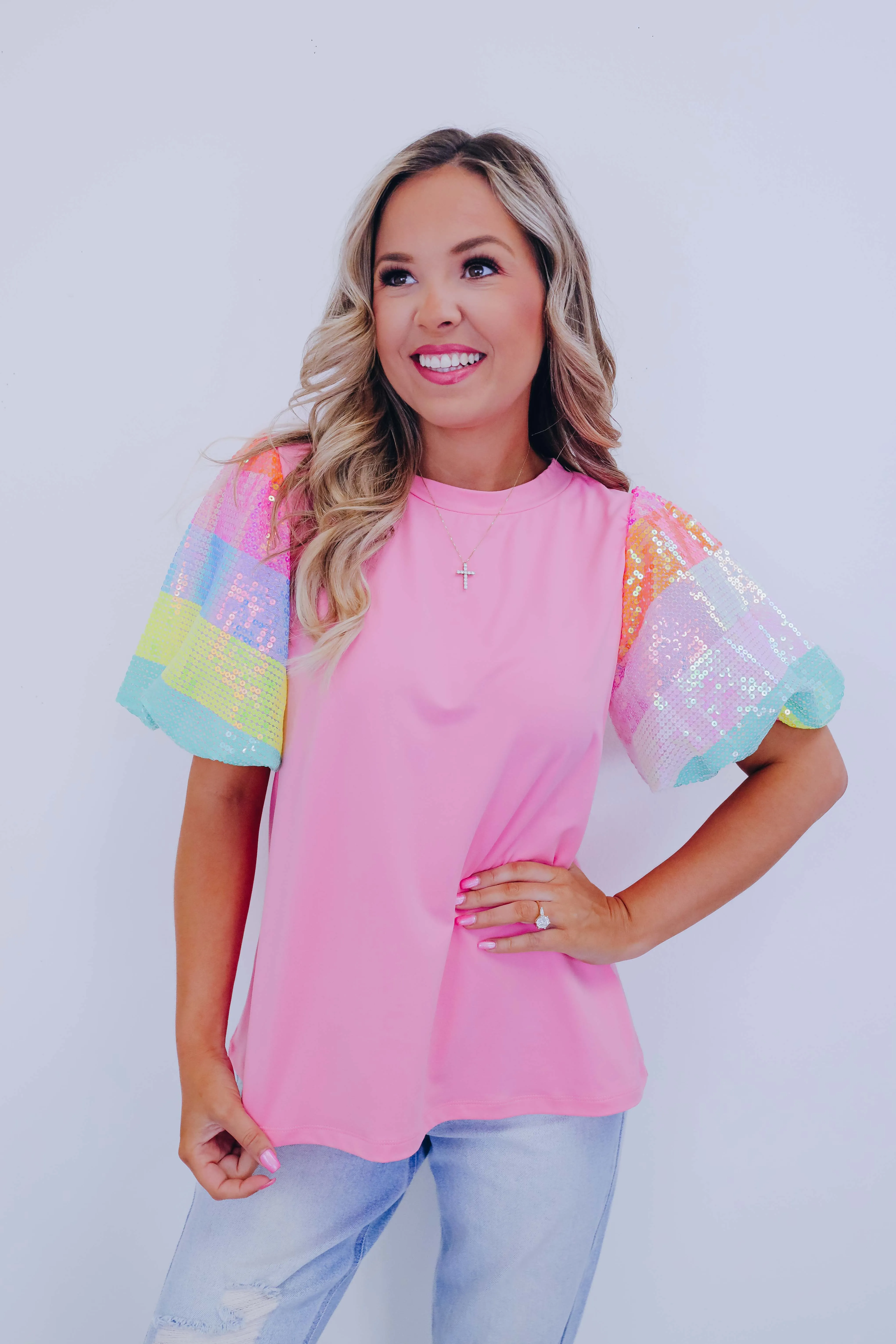 Over The Rainbow Sequin Sleeve Top - 2 Colors