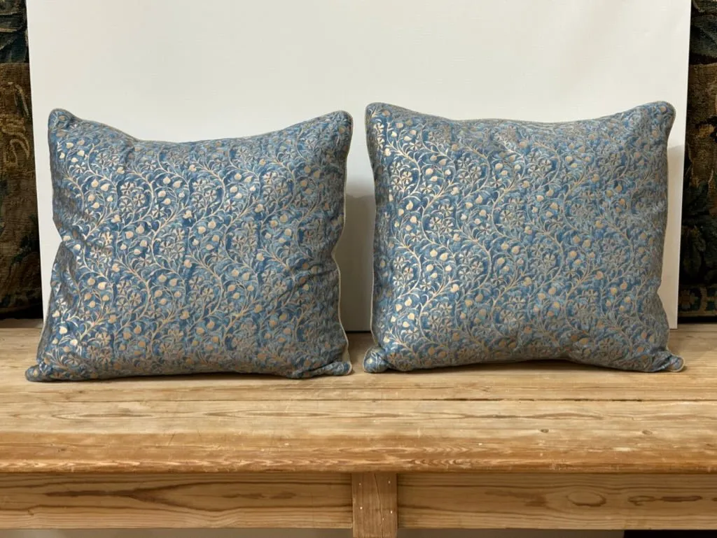 Pair Turquoise & Gold Fortuny Hexagon-patterned Cushions