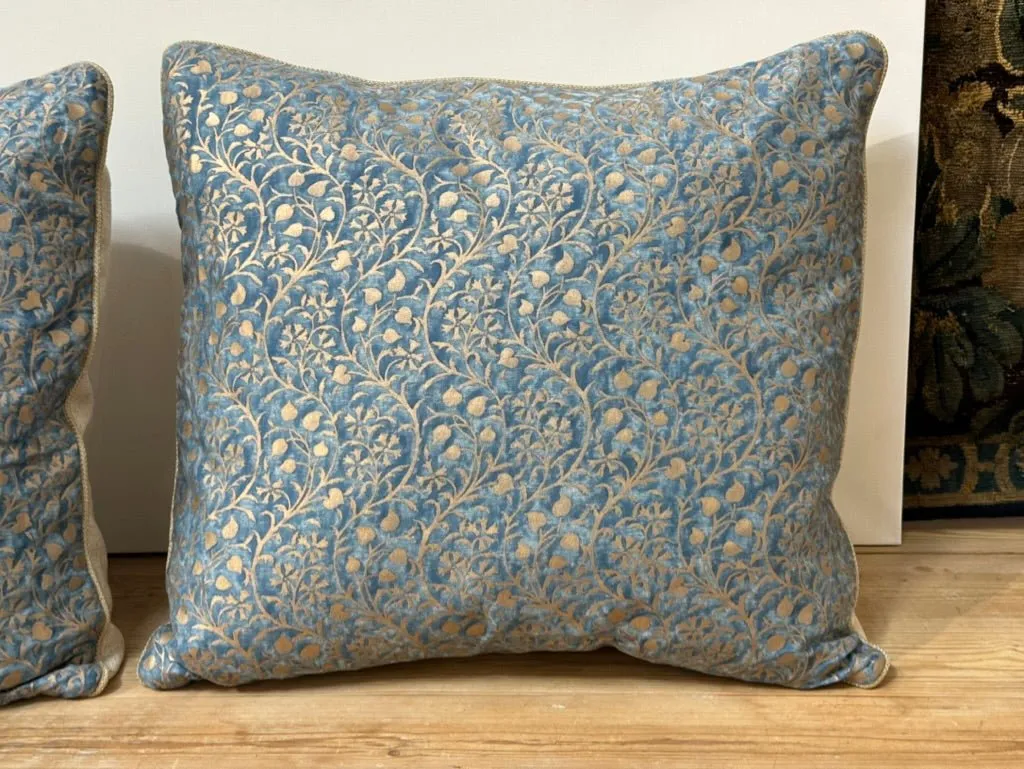 Pair Turquoise & Gold Fortuny Hexagon-patterned Cushions