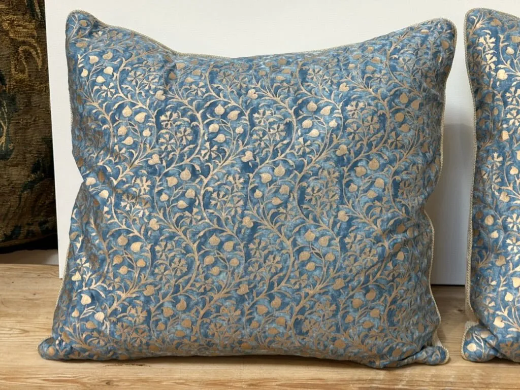 Pair Turquoise & Gold Fortuny Hexagon-patterned Cushions