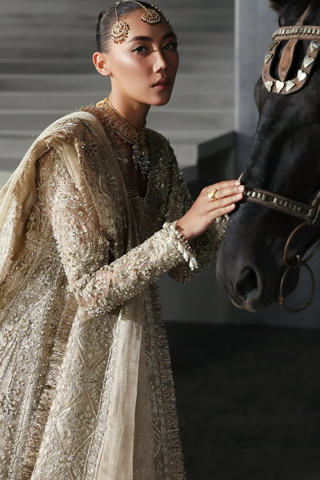 Pakistani Bridal Dress in Gold Frock and Lehenga Style