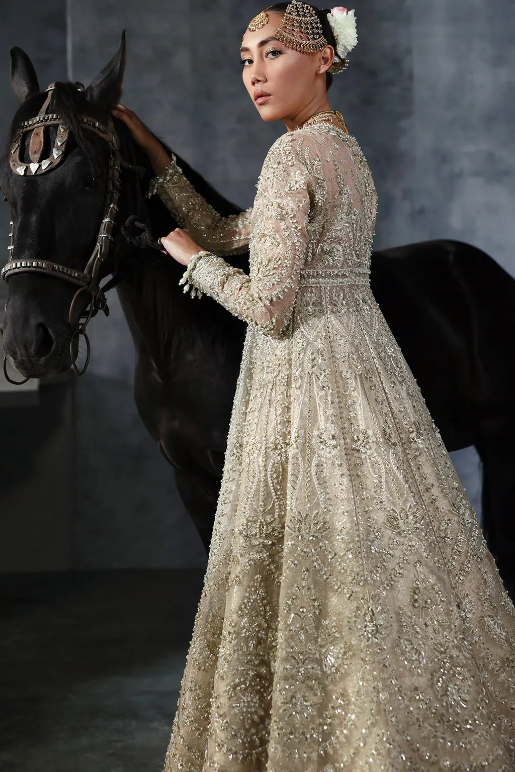 Pakistani Bridal Dress in Gold Frock and Lehenga Style