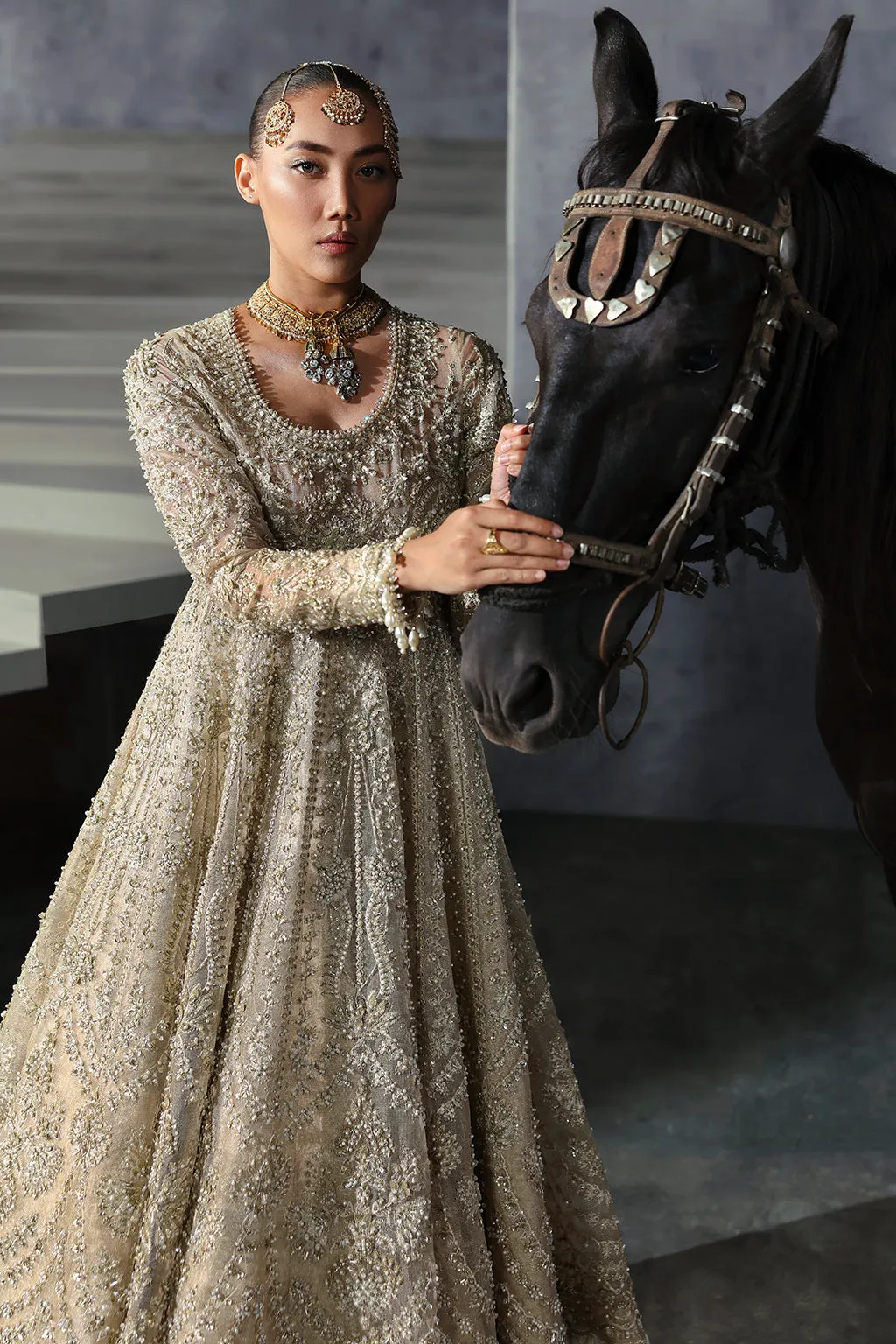 Pakistani Bridal Dress in Gold Frock and Lehenga Style