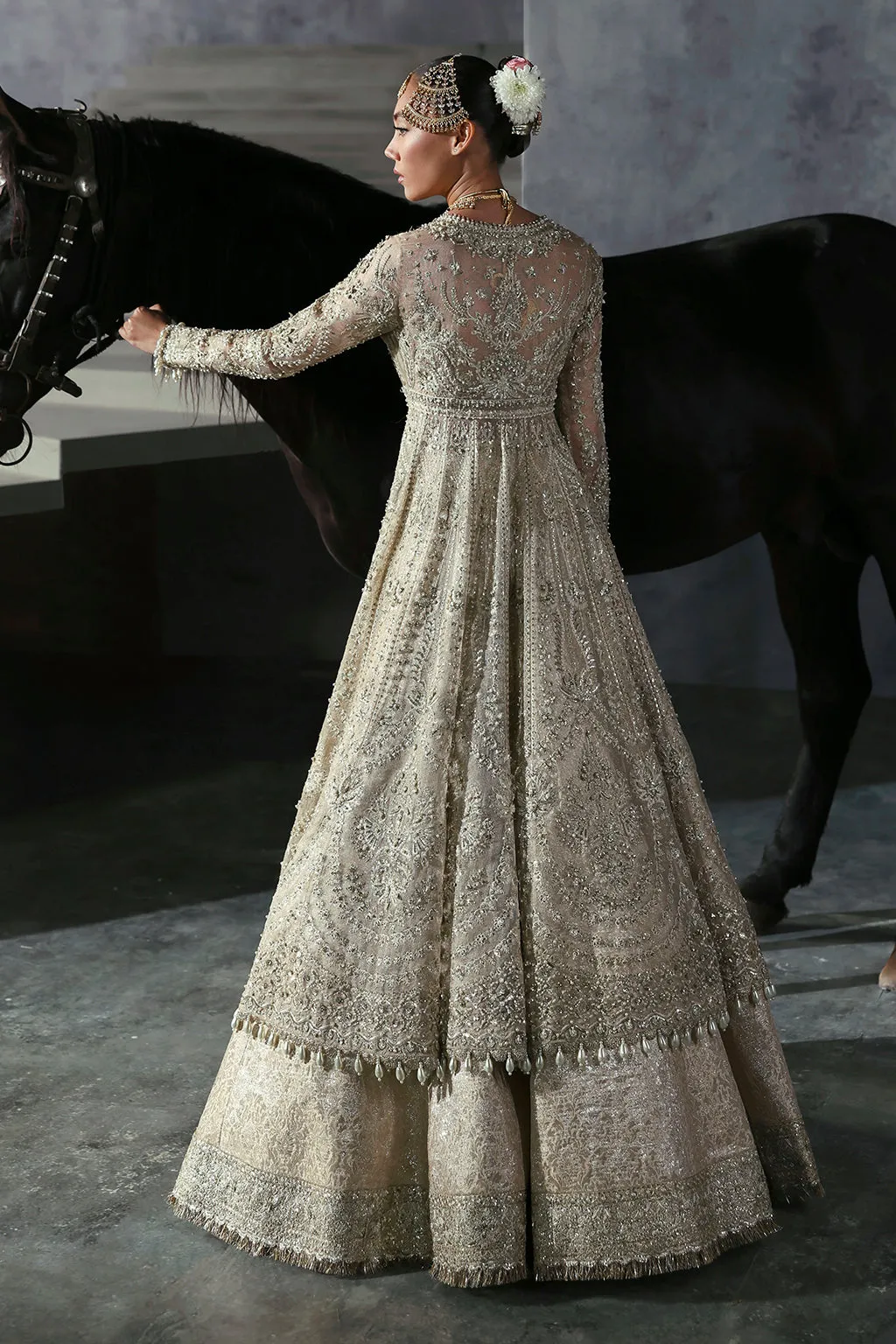 Pakistani Bridal Dress in Gold Frock and Lehenga Style