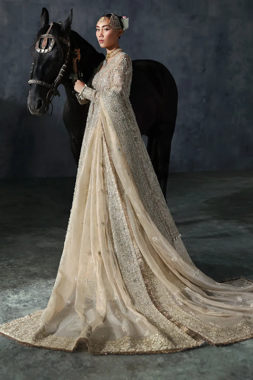Pakistani Bridal Dress in Gold Frock and Lehenga Style