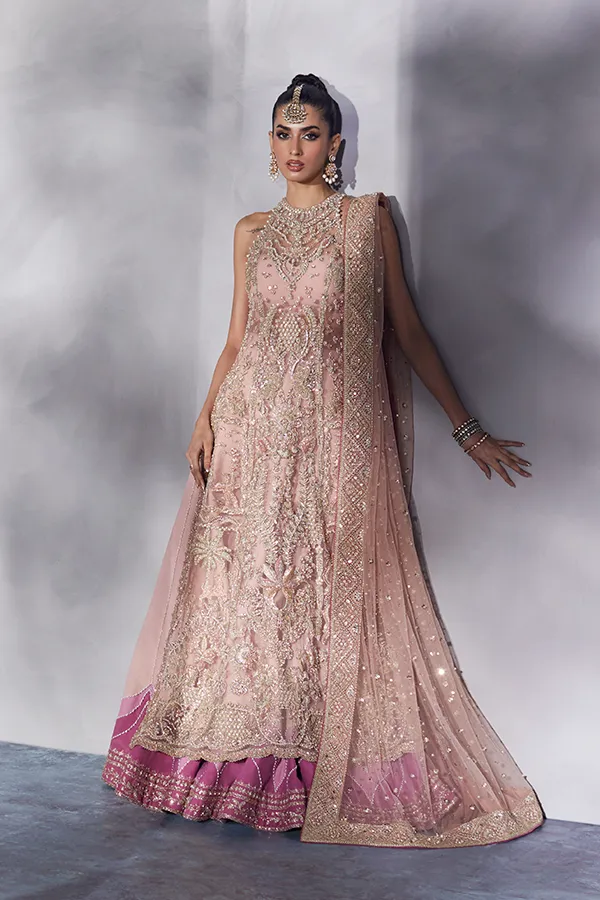 Pakistani Bridal Dress in Net Kameez and Lehenga Style