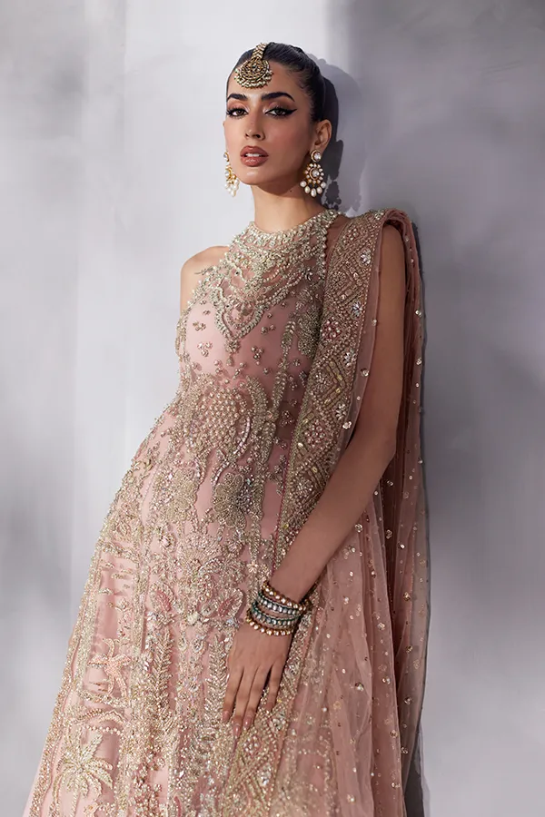 Pakistani Bridal Dress in Net Kameez and Lehenga Style