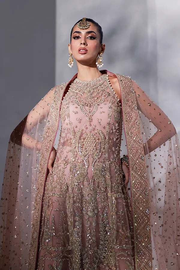 Pakistani Bridal Dress in Net Kameez and Lehenga Style
