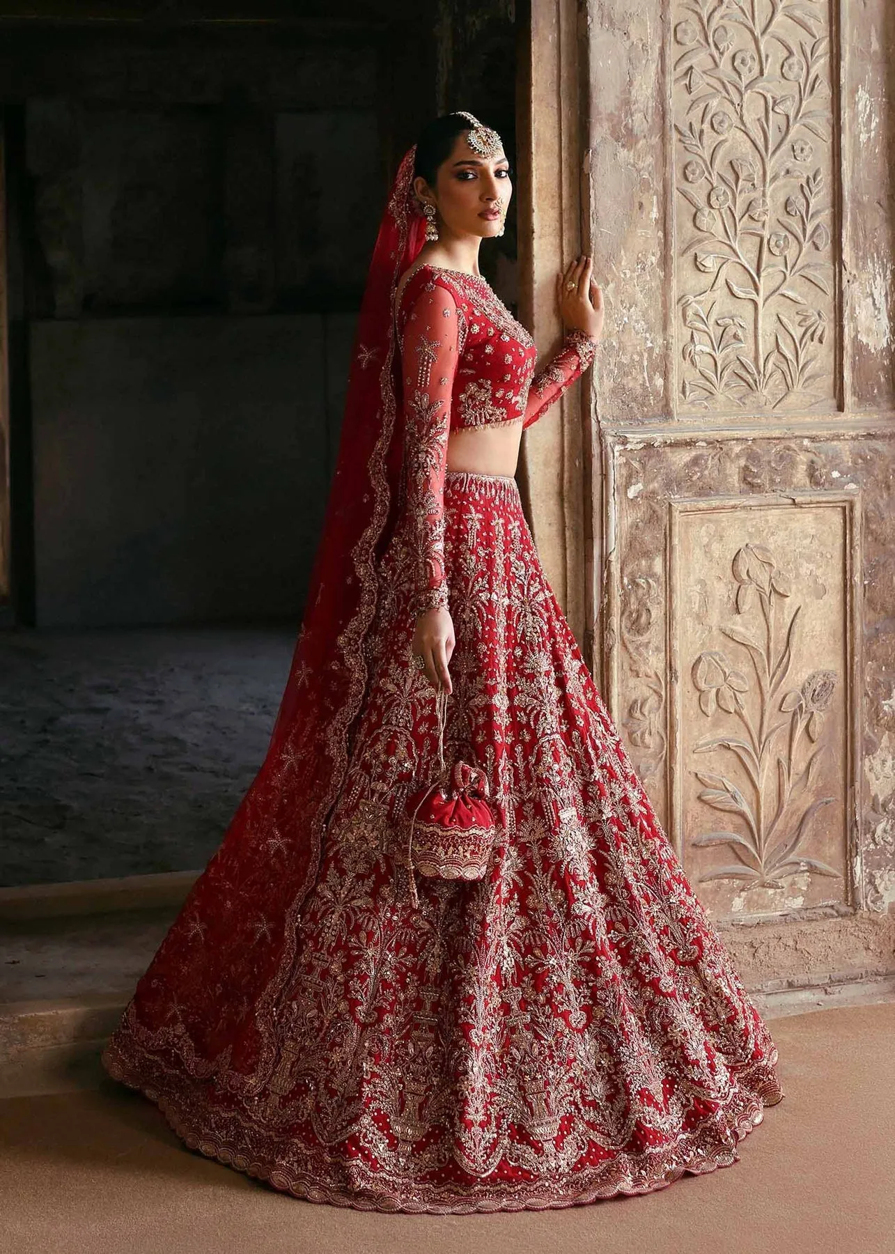 Pakistani Bridal Dress in Red Choli and Lehenga Style