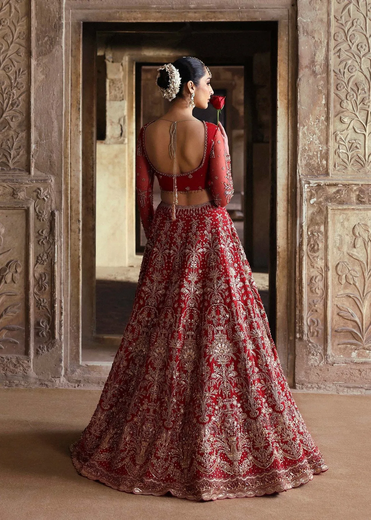 Pakistani Bridal Dress in Red Choli and Lehenga Style