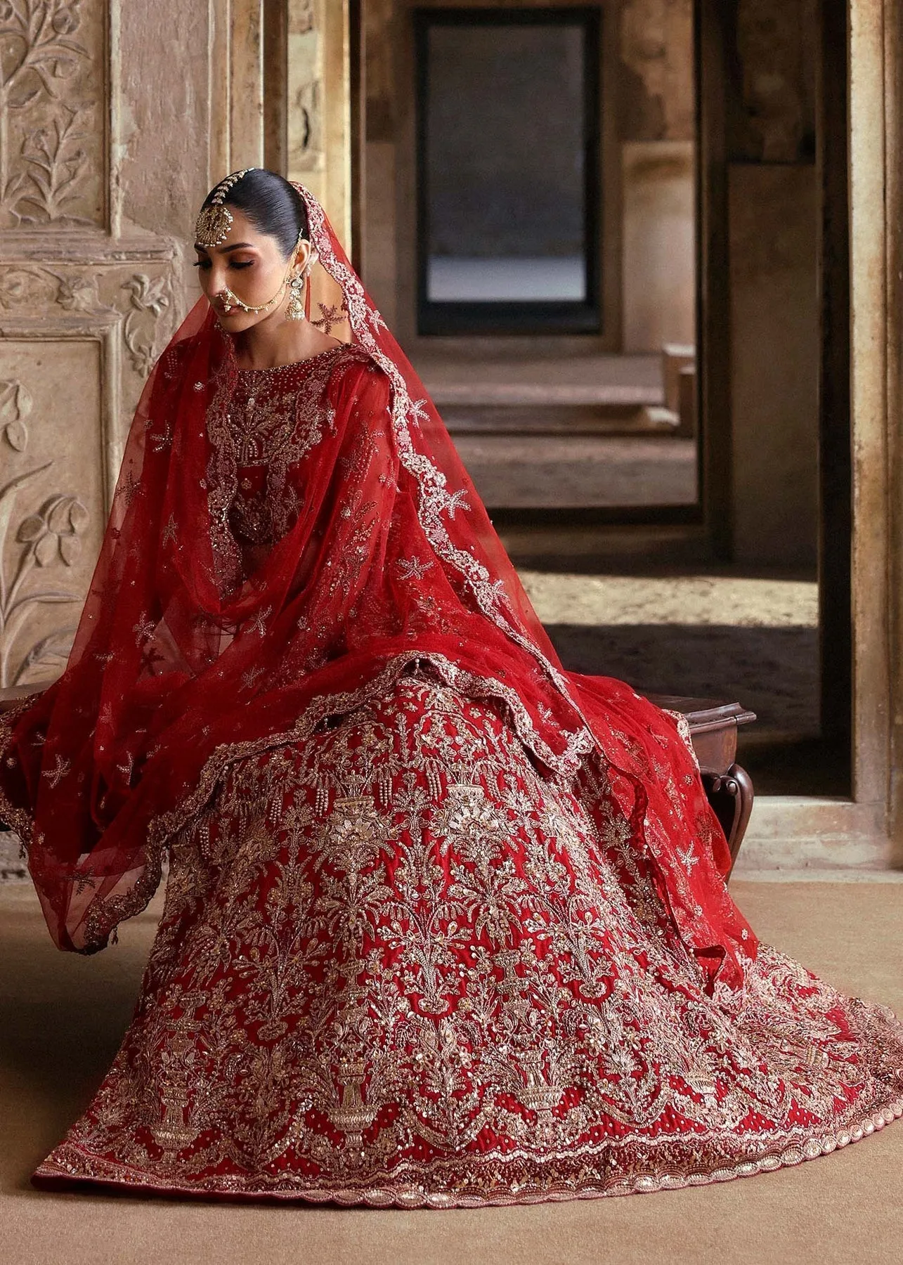 Pakistani Bridal Dress in Red Choli and Lehenga Style
