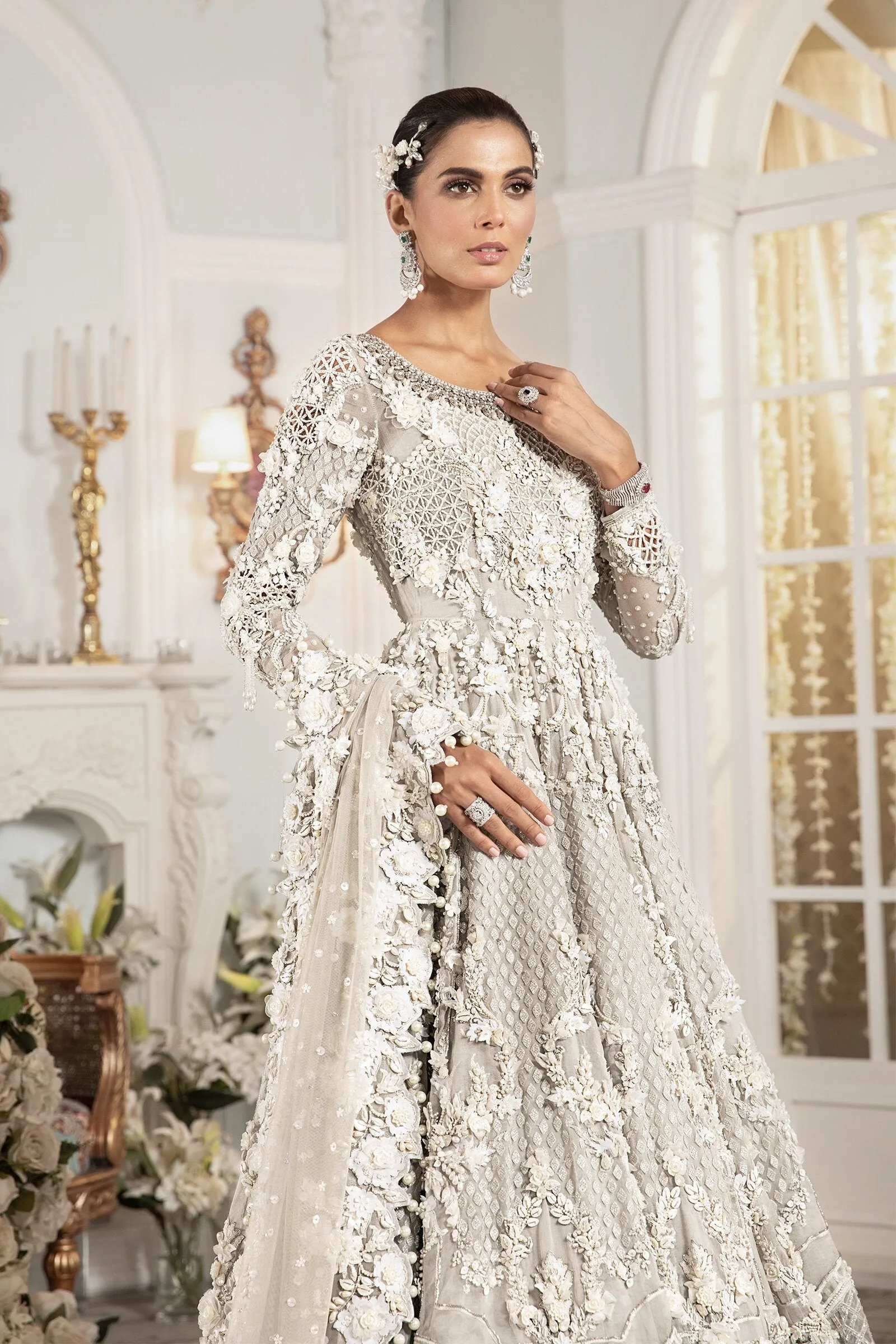 Pakistani White Bridal Dress in Gown Lehenga #BS704