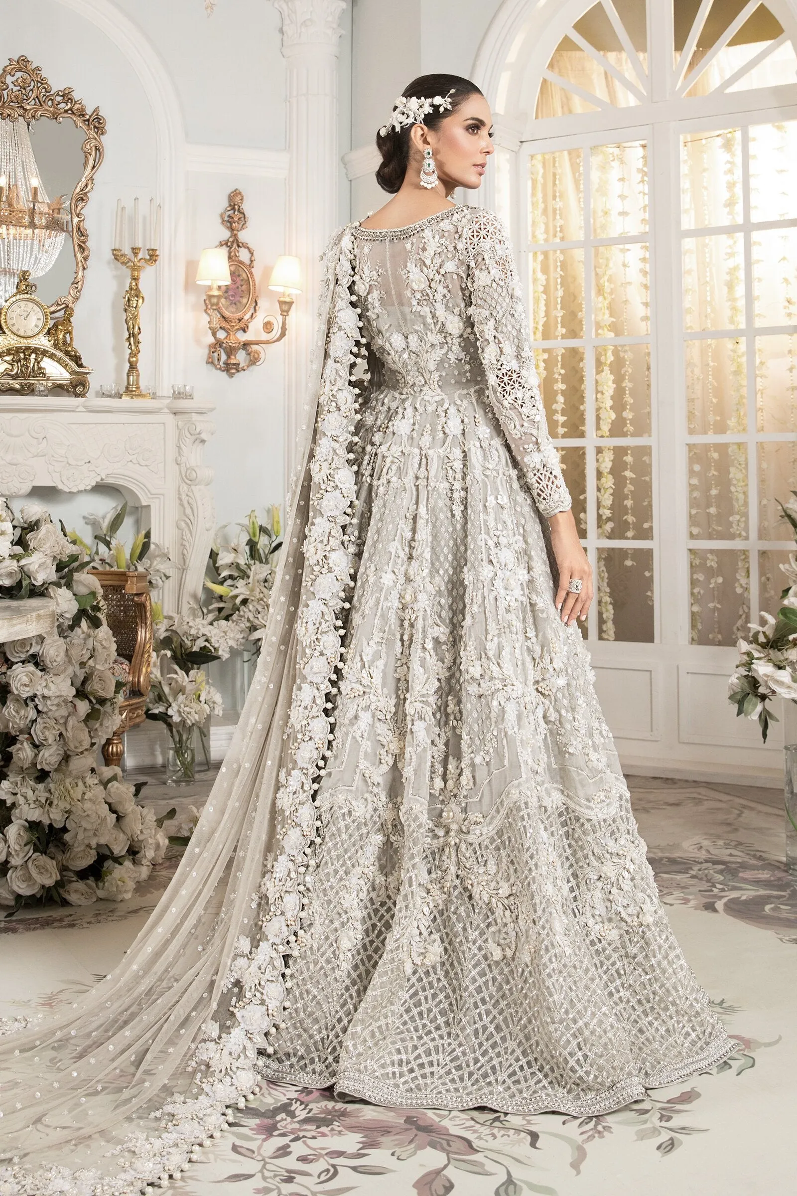 Pakistani White Bridal Dress in Gown Lehenga #BS704