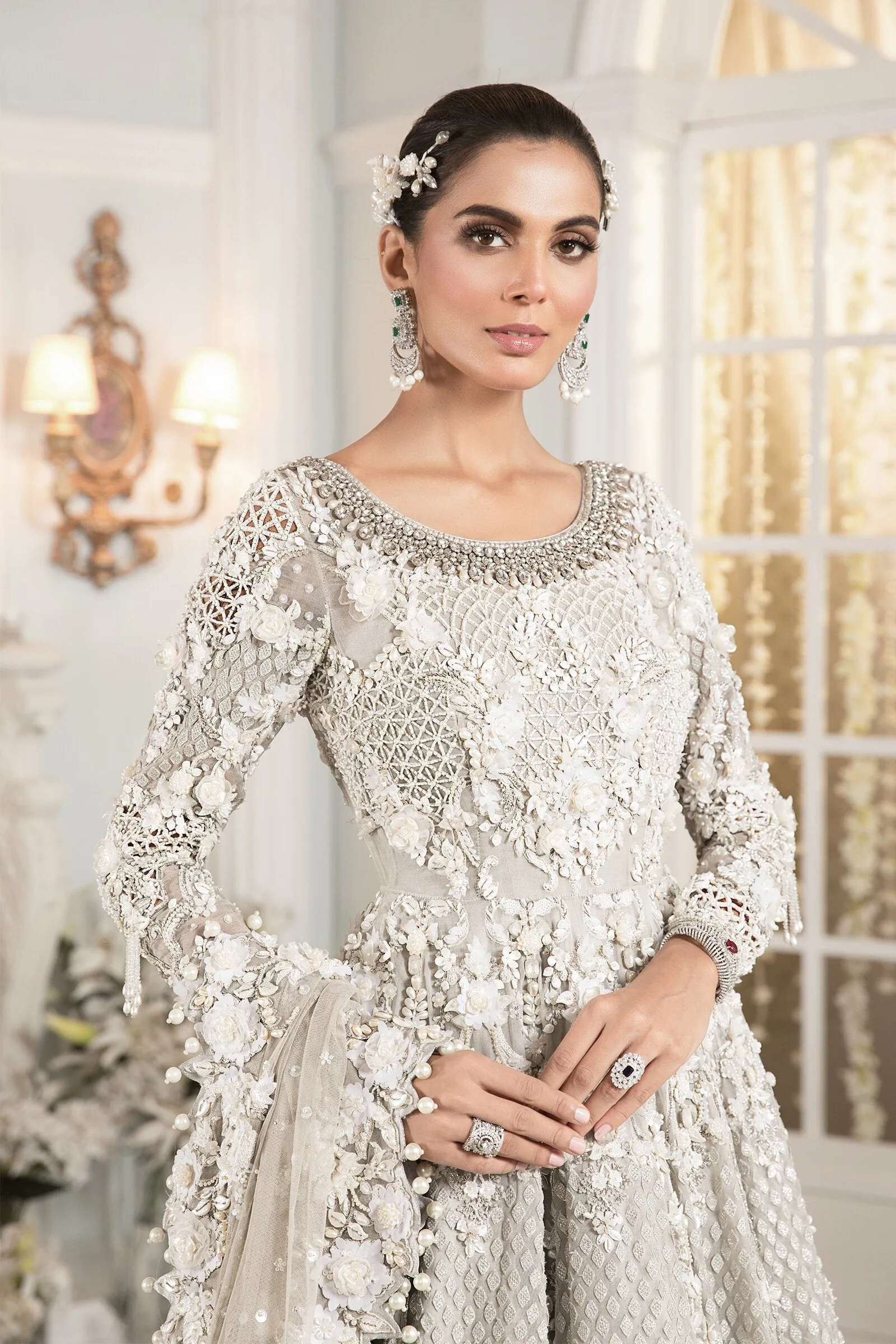 Pakistani White Bridal Dress in Gown Lehenga #BS704