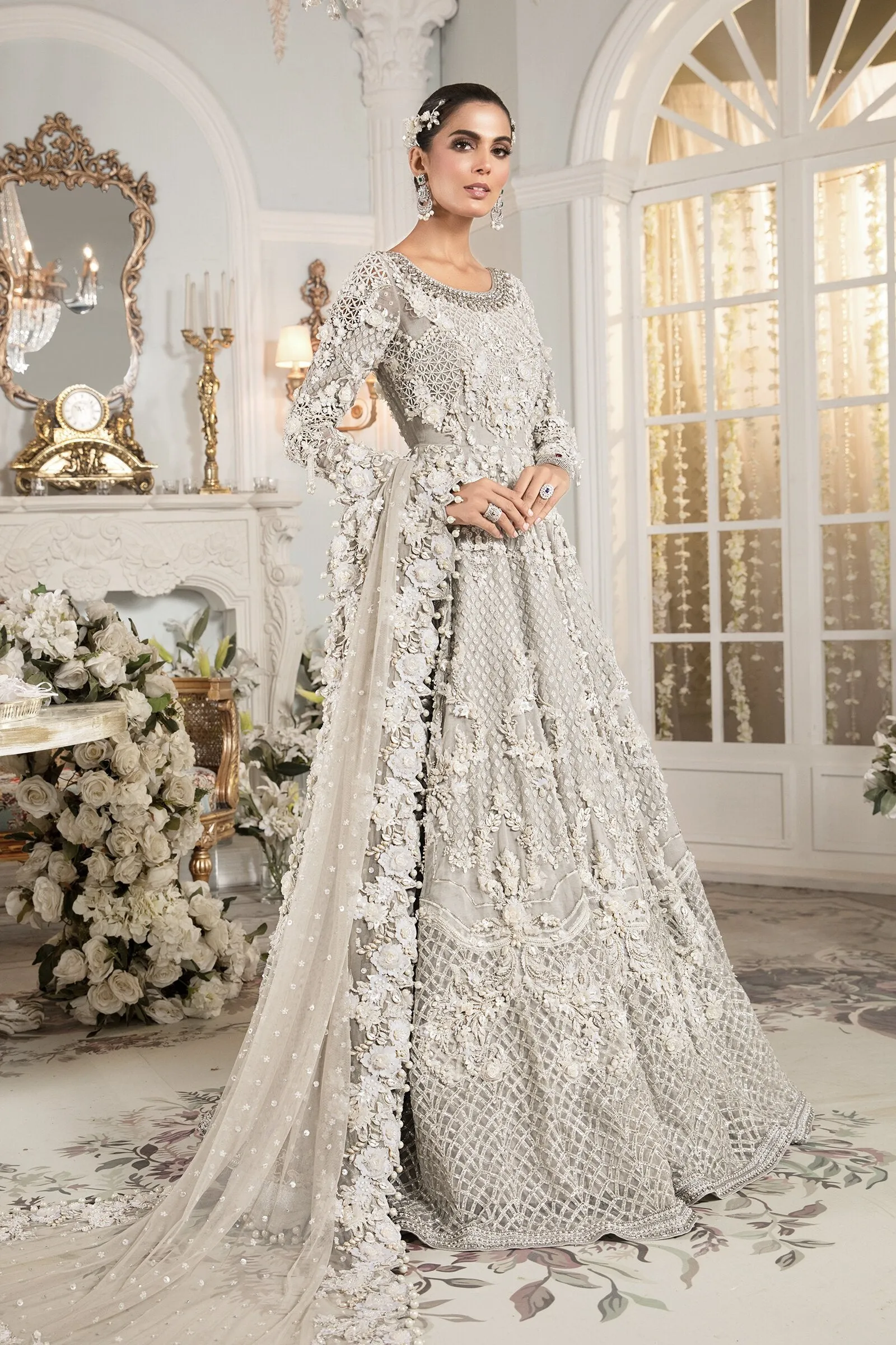 Pakistani White Bridal Dress in Gown Lehenga #BS704