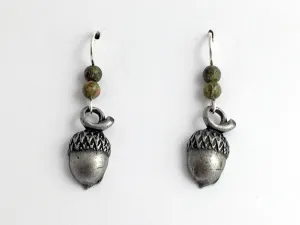 Pewter & Sterling Silver acorn dangle earrings-oak, tree, unakite, acorns, oaks