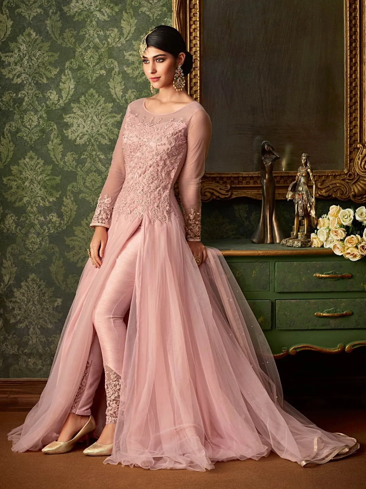 Pink All Front Slit Embroidered Anarkali Pant Suit