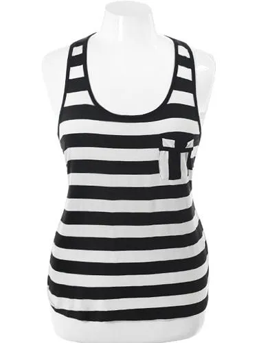 Plus Size Corset Back Stripe White Tank