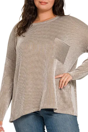 Plus Size Fall Festival Mocha Oversized Striped Top