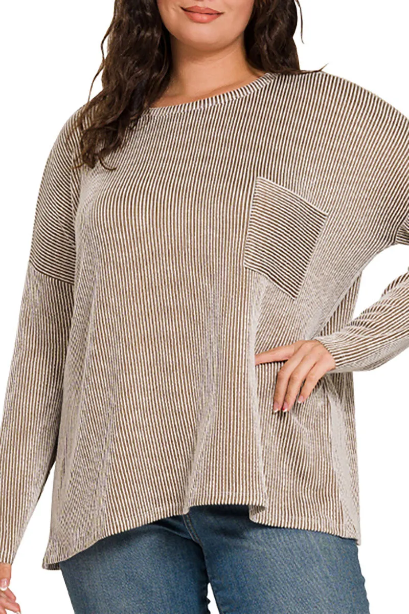 Plus Size Fall Festival Mocha Oversized Striped Top