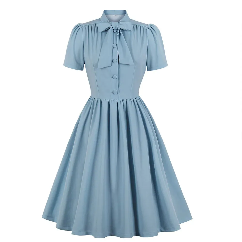 Plus Size Pleated Dress Vintage Style Bow Tie Neck Button Up Women's Summer Belted 50s/60s Rockabilly Style Dresses