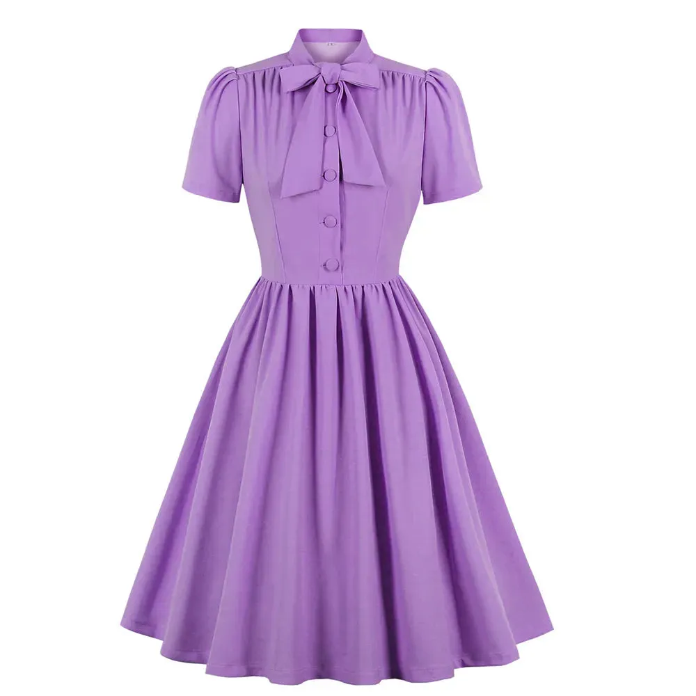 Plus Size Pleated Dress Vintage Style Bow Tie Neck Button Up Women's Summer Belted 50s/60s Rockabilly Style Dresses