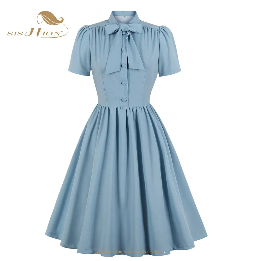 Plus Size Pleated Dress Vintage Style Bow Tie Neck Button Up Women's Summer Belted 50s/60s Rockabilly Style Dresses