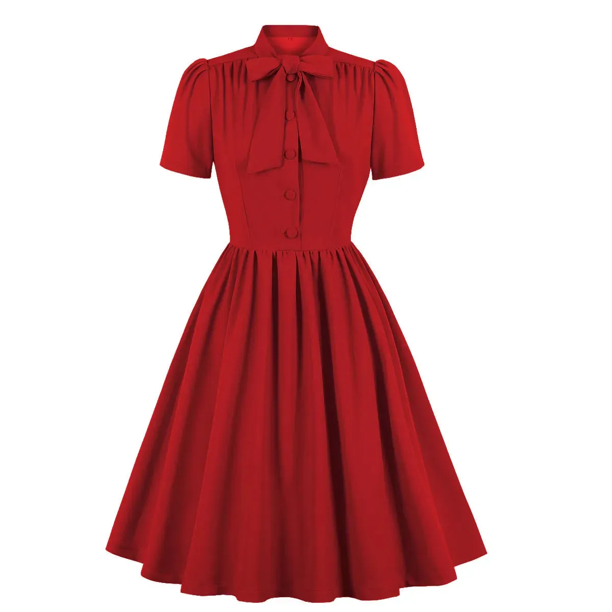 Plus Size Pleated Dress Vintage Style Bow Tie Neck Button Up Women's Summer Belted 50s/60s Rockabilly Style Dresses