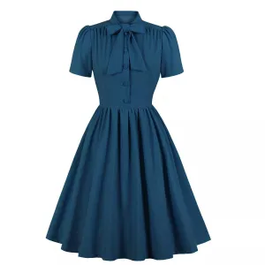 Plus Size Pleated Dress Vintage Style Bow Tie Neck Button Up Women's Summer Belted 50s/60s Rockabilly Style Dresses