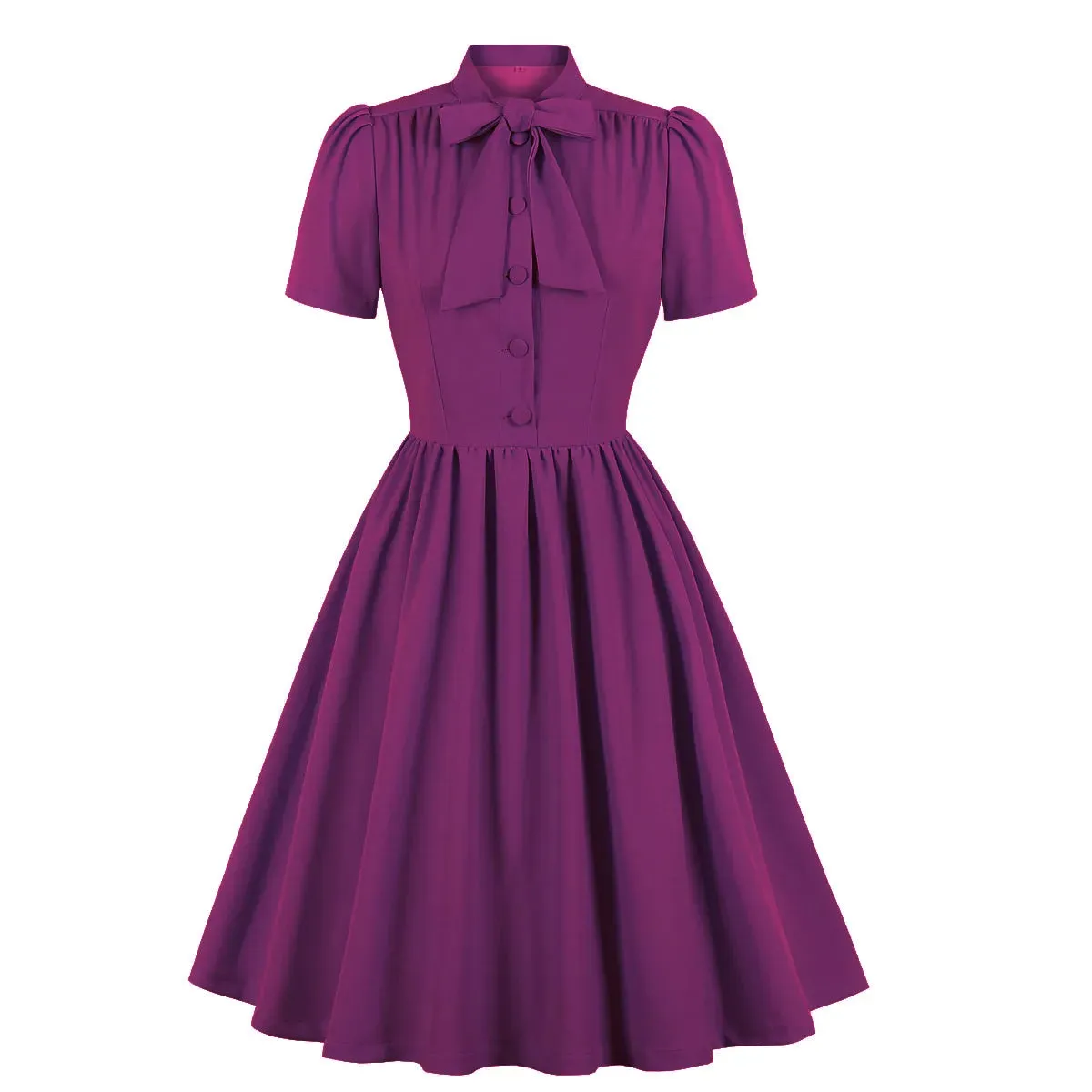 Plus Size Pleated Dress Vintage Style Bow Tie Neck Button Up Women's Summer Belted 50s/60s Rockabilly Style Dresses