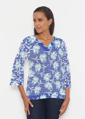 Polka Dot Floral Navy (7916) ~ Banded 3/4 Bell-Sleeve V-Neck Tunic