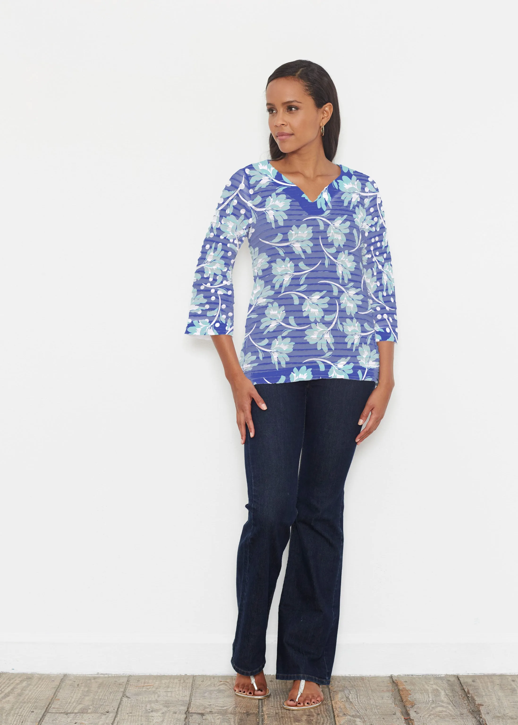 Polka Dot Floral Navy (7916) ~ Banded 3/4 Bell-Sleeve V-Neck Tunic