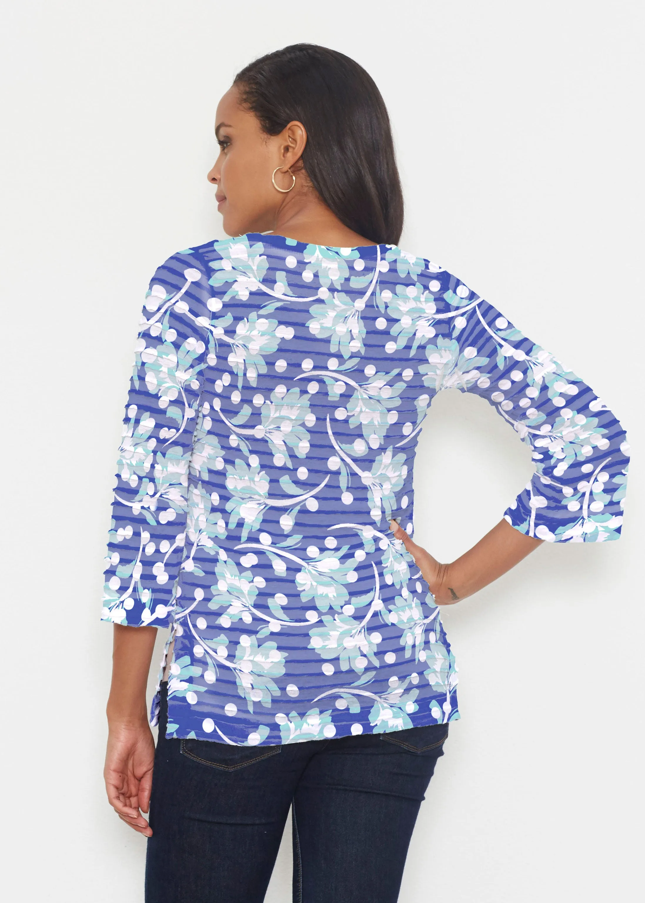 Polka Dot Floral Navy (7916) ~ Banded 3/4 Bell-Sleeve V-Neck Tunic