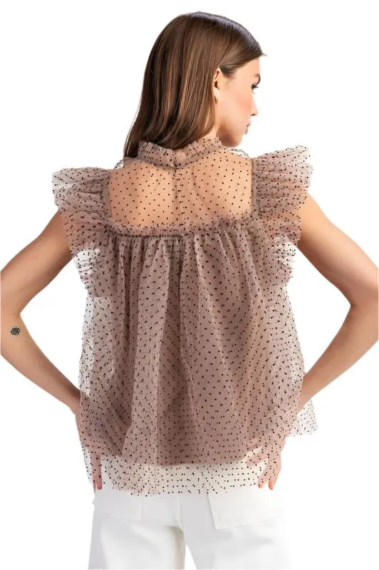 Polka Dot Printed Tulle Short Sleeve Top