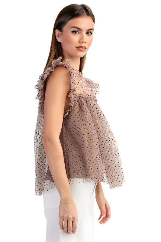 Polka Dot Printed Tulle Short Sleeve Top