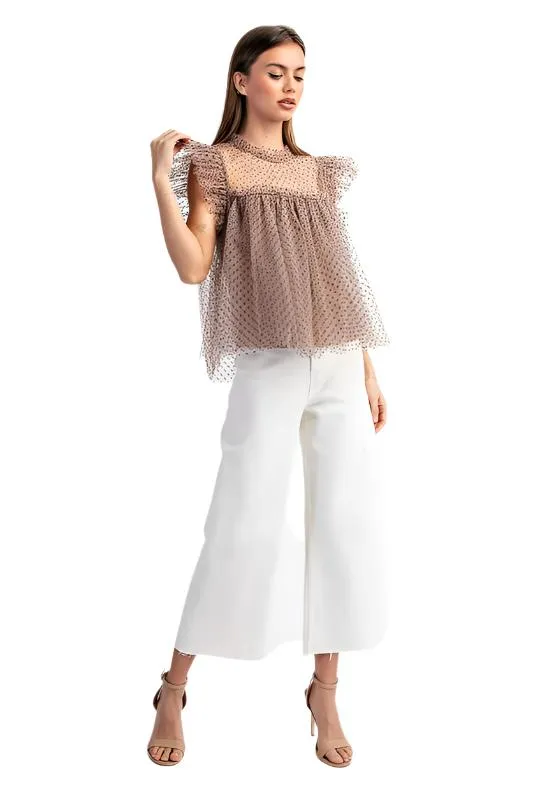 Polka Dot Printed Tulle Short Sleeve Top